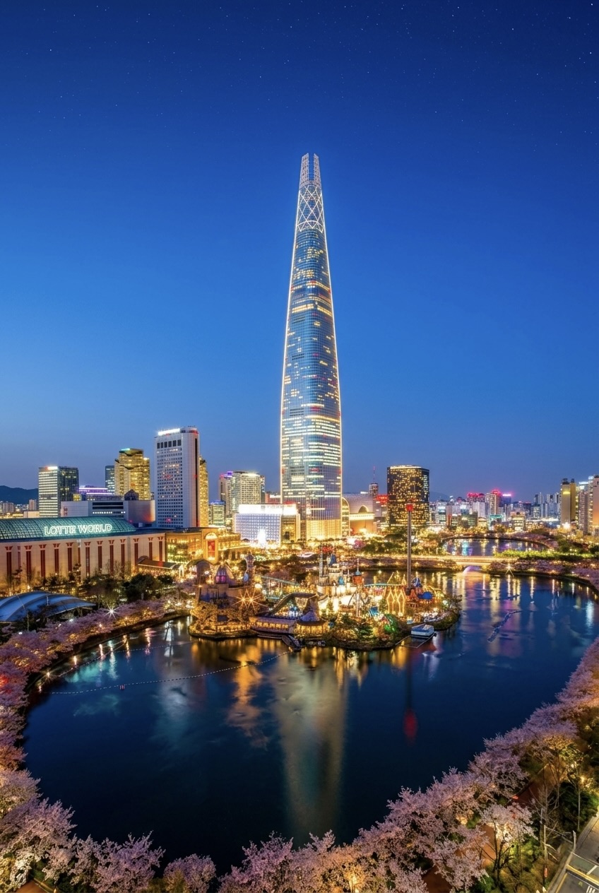 Seoul skyline at night with Lotte Tower
